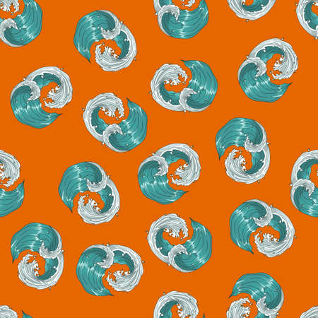 Realistic chinese style sea waves seamless pattern template. Cartoon vector illustration on bright orange backdrop for games, background, pattern, decor. Print for fabrics and other surfaces.のイラスト素材