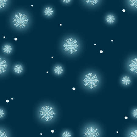 Cute winter season glowing snowflackes seamless pattern template. Night time cartoon  illustration for games, background, pattern, decor. Print for fabrics and other surfaces.の写真素材