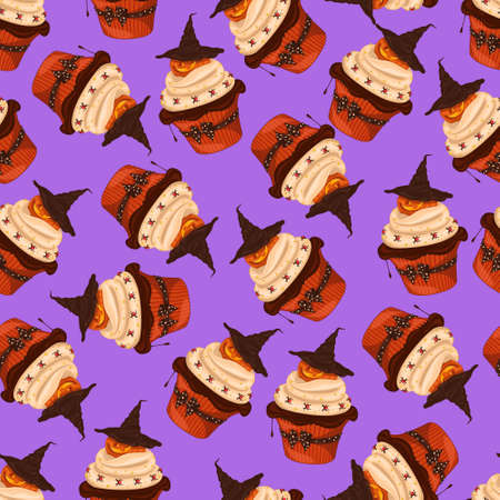 Cartoon Halloween decorated cupcake with cream, spiders and pumpkin in witch hat seamless pattern template. Colorful illustration for games, background, pattern, wallpaper, decor.の写真素材