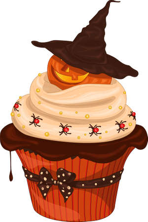 Cartoon Halloween decorated cupcake with cream, spiders and pumpkin in witch hat template. Colorful vector illustration for games, background, pattern, wallpaper, decor. Print for fabricsのイラスト素材
