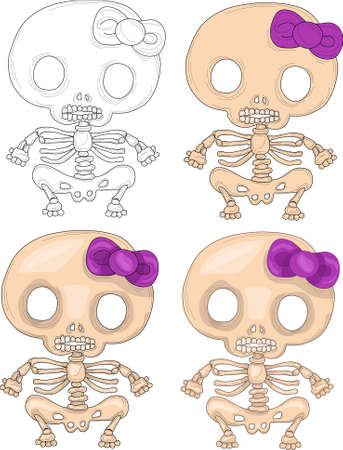 Spooky Halloween skeleton with bow template set. Cute cartoon vector illustration sketch in color and black and white for games, background, pattern, decor, print. Coloring paper, page, story bookのイラスト素材