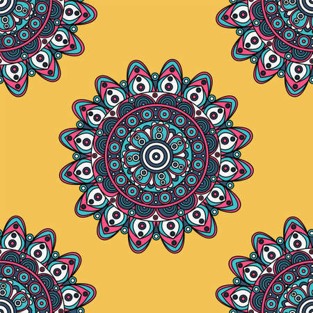 India inspired colorful mandala design seamless pattern template. Vector illustration on yellow...