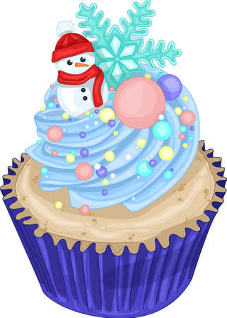 Realistic colorful cupcake with snowman, blue cream, rainbow sprinkles and snowflake template. Bright vector cartoon illustration for games, background, pattern, decor. Print for fabricsのイラスト素材