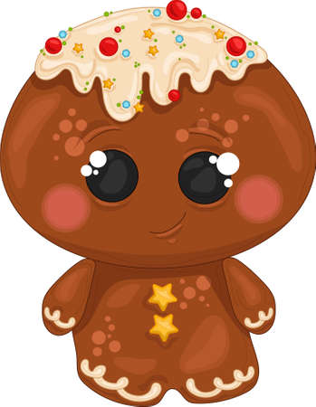 Cartoon colorful cute gingerbread man with sprinkles template. Christmas vector illustration of bright cookie for games, background, pattern, decor. Print for fabrics and other surfaces.のイラスト素材
