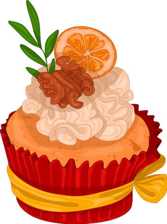 Realistic colorful cupcake with cream, walnut and orange template. Bright Christmas cartoon food vector illustration for games, background, pattern, decor. Print for fabrics and other surfaces.のイラスト素材
