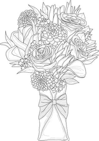 Realistic rose flower mix bouquet with leafs in envelope with bow sketch template. Vector illustration in black and white for games, background, pattern, decor. Coloring paper, page, story bookのイラスト素材