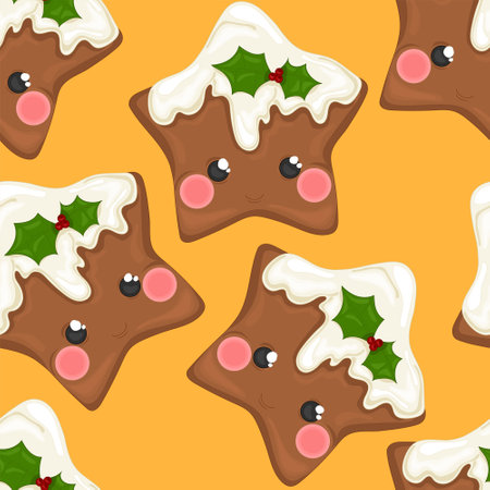 Cartoon colorful cute gingerbread stars with mistletoe seamless pattern template. Christmas vector illustration of bright cookie for games, background, pattern, decor. Print for fabricsのイラスト素材