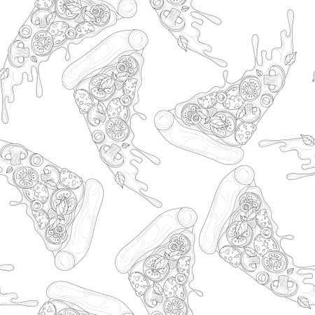 Realistic pizza slice with tomato, mushroom and olives sketch seamless pattern template. Cartoon vector illsutartion in black and white for game, background, pattern, decor. Coloring paper, page, bookのイラスト素材
