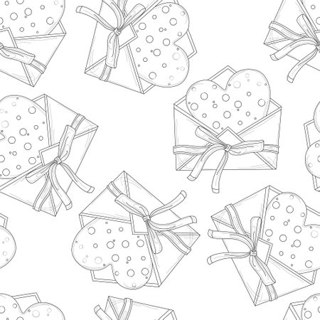 Cartoon heart in envelope with a bow for Valentine's day seamless pattern sketch template. Vector illustration in black and white for games, background, pattern, decor. Coloring paper, page, bookのイラスト素材