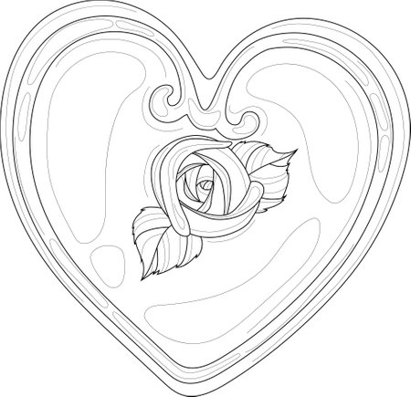 Cartoon heart with rose flower for Valentine's day sketch template. Vector illustration in black and white for games, background, pattern, decor. Coloring paper, page, story book. Print for fabricsのイラスト素材
