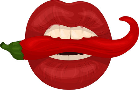 Realistic colorful lips and red hot pepper template. Cartoon vector illustration in bright red colors for games, background, pattern, wallpaper, decor. Print for fabrics and other surface.のイラスト素材