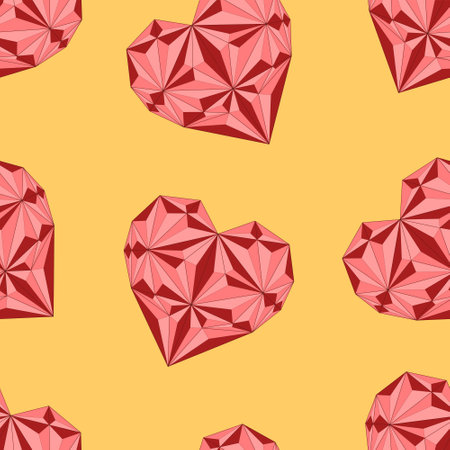 Cute bright graphic gem stone heart seamess pattern template for Valentine's day. Bright cartoon holiday vector illustration for games, background, decor.  Print for fabrics and other surfaces.のイラスト素材