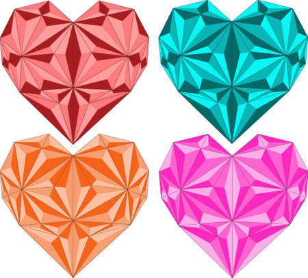 Cute bright graphic gem stone heart template set for Valentine's day. Bright cartoon holiday vector illustration for icons, emoji symbols, games, background, pattern, decor. Print for fabricsのイラスト素材