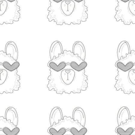 Cartoon cool looking lama in heart shaped glasses seamless pattern sketch template. Comic alpaca vector illustration in black and white for game, background, pattern, decor. Coloring paper, page, bookのイラスト素材