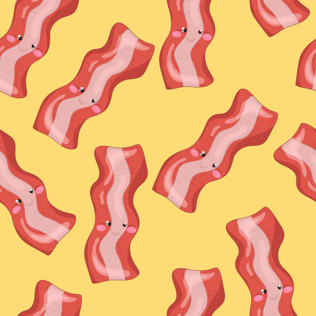 Colorful cartoon bacon with cute face seamless pattern template. Bright food vector illustartion on yellow background for games, decor. Breakfast print for fabrics and other surfaces.のイラスト素材