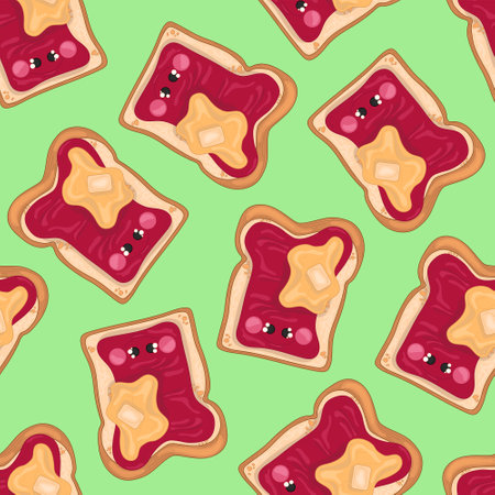 Colorful cartoon toast with cute face, jam and butter seamless pattern template. Bright food vector illustartion on green background for games, decor. Breakfast print for fabrics and other surfaces.のイラスト素材