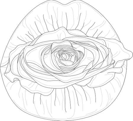 Realistic lips and rose flower template sketch. Graphic cartoon vector illustration in black and white for games, background, pattern, wallpaper, decor. Coloring paper, page, story book, printのイラスト素材