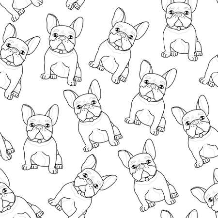 Cute realistic french bulldog sketch seamless pattern template. Cartoon graphic vector illustration in black and white for games, background, pattern, decor. Coloring paper, page, story book, printのイラスト素材