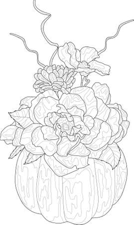 Realistic seasonal mix flower bouquet with roses, peony and leafs in pumpkin sketch. Autumn vector illustration in black and white for game, background, pattern, decor. Fall coloring paper, page, bookのイラスト素材