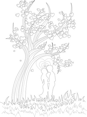Catroon stylized couple under the tree with hearts graphic sketch template. Vector illustration in black and white for games, background, pattern, decor. Coloring paper, page, bookのイラスト素材
