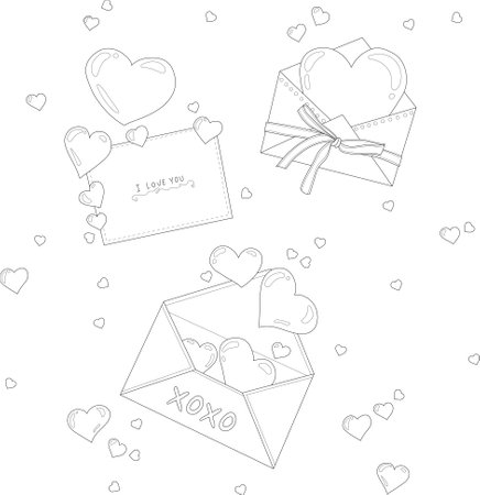 Cartoon hearts in envelope set with a bow for Valentine's day sketch template. Vector illustration in black and white for games, background, pattern, decor. Coloring paper, pageのイラスト素材