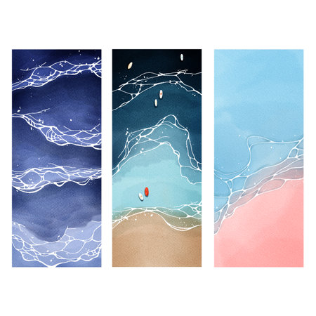 Watercolor sea waves on sand illustration template set. Bright, colorful digital painting gradient for games, background, bookmark, decor, children's story book, fairytail, printの写真素材