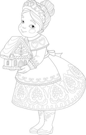 Cute cartoon granny with gingerbread house graphic sketch template. Christmas old lady vector illustration in black and white for game. Children's story book, coloring paper, pageのイラスト素材