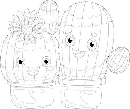 Two cute cartoon cactus in pot with little flower sketch template. Graphic vector illustration in black and white for games, background, pattern, decor. Coloring paper, page, bookのイラスト素材