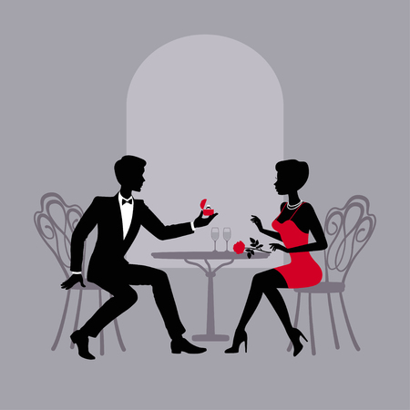 Vector illustration of marriage offer in restaurant: man gives woman engagement ring and proposes to marry のイラスト素材