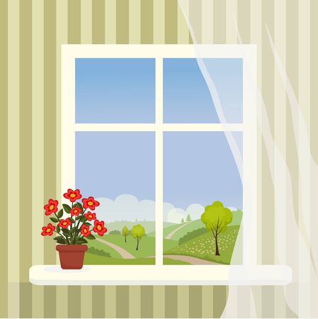 Vector illustration of window with a hilly landscape behind it and a potted flower on the windowsillのイラスト素材