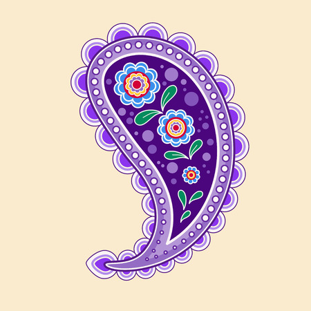 Vector illustration of single purple paisley, decorated with flowers inside, in lilac backgroundのイラスト素材