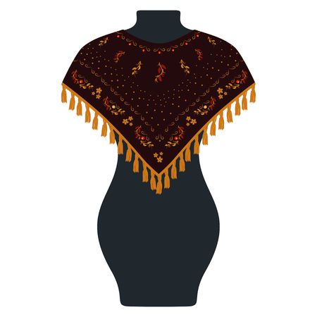 Vector illustration of russian shawl, decorated with gold and red pattern, framed by fringeのイラスト素材