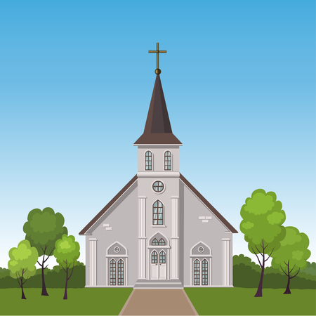 Illustration of church building standing on a lawn surrounded by trees