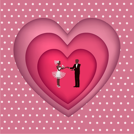 Vector illustration of groom, bride and heart in cut paper. Isolated on polka dots background.のイラスト素材