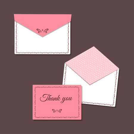 A Vector illustration of Thank you card and open and closed envelope, decorated pattern and polka dots