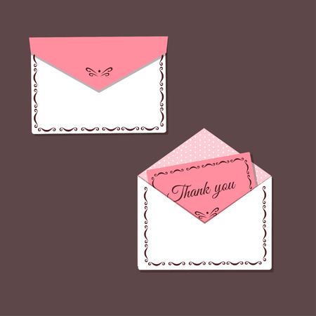Vector illustration of Thank you card and open and closed envelope, decorated pattern and polka dotsのイラスト素材