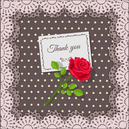 Vector illustration of Thank you card and rose flower on background lace and polka dotsのイラスト素材