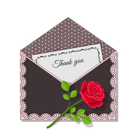 Vector illustration of Thank you card and rose flower on dark envelope, decorated lace and polka dotsのイラスト素材