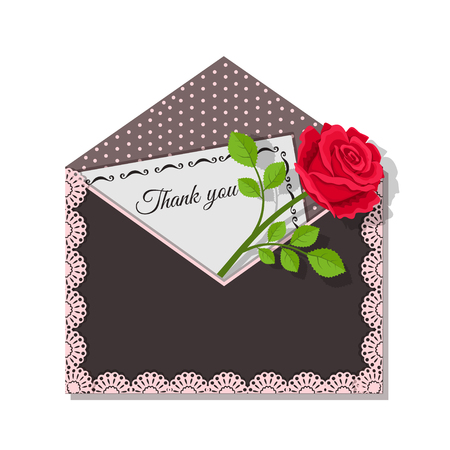Vector illustration of Thank you card and rose flower on dark envelope, decorated lace and polka dotsのイラスト素材
