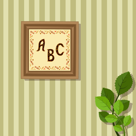 Vector illustration of picture in the frame with a pattern of Khokhloma on the background of striped wallpaperのイラスト素材