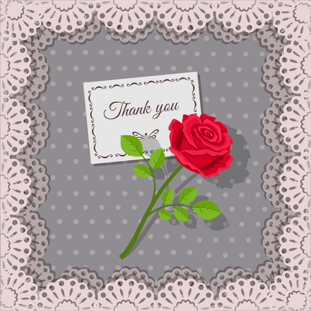 Vector illustration of Thank you card and rose flower on background lace and polka dotsのイラスト素材