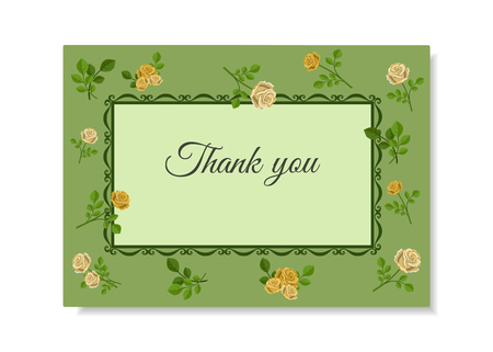 Vector illustration of greeting card with yellow roses on a green background, decorated with pattern and text.のイラスト素材