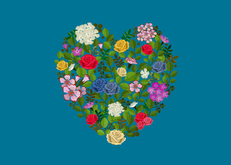 Vector illustration of different flowers in the form of a heart. Isolated on blue backgroundのイラスト素材