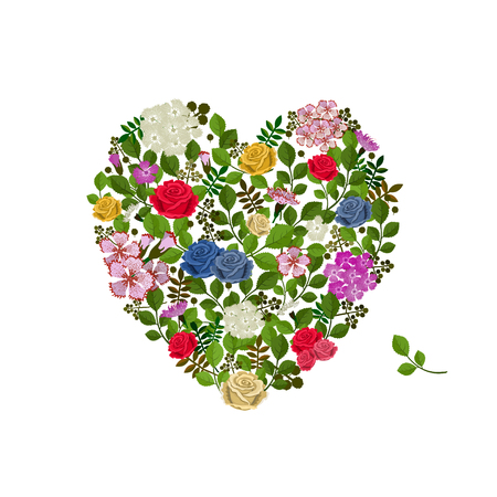 Vector illustration of different flowers in the form of a heart. Isolated on white backgroundのイラスト素材