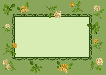 Vector illustration of greeting card with yellow roses on green background, decorated with pattern.のイラスト素材