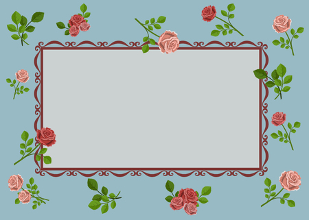 Vector illustration of greeting card with pink roses on blue background, decorated with pattern.のイラスト素材
