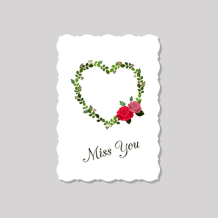 Vector illustration of greeting card Miss you decorated with roses and leaves. Isolated on white background.のイラスト素材
