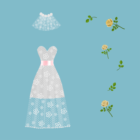 Vector illustration of lace wedding dress decorated with roses. Isolated on blue backgroundのイラスト素材