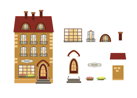 Vector illustration of cartoon house Vintage Hotel with separate elements isolated on white backgroundのイラスト素材