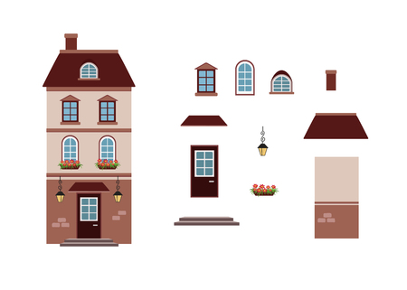 Vector illustration of cartoon house Lantern House with separate elements isolated on white backgroundのイラスト素材